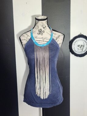 Free People Indigo Blue Halter Tank with Long Fringe